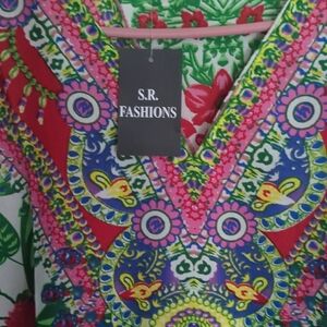 S.L. Fashions Red and Green Sleeveless V-Neck Sundress